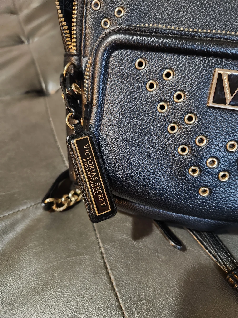 Victoria's Secret Black Mini Backpack with Gold Studs & Chain